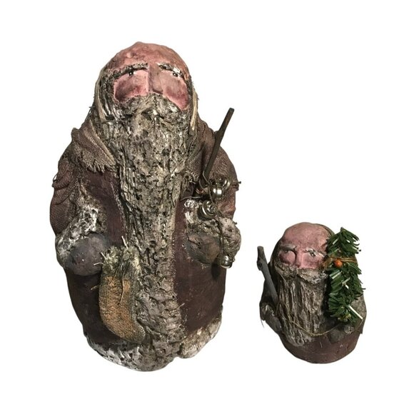 1995 Enesco Arlene Wobler Folk Art Woblers Woods Santa Figures Set of 2 - Picture 1 of 16